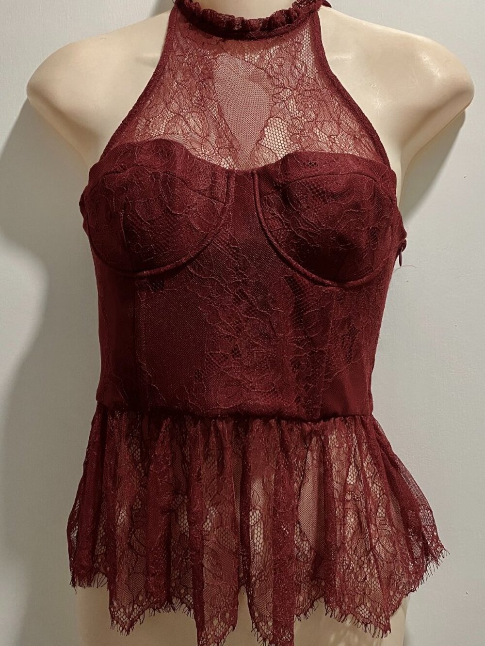 Zara Burgundy Corset Peplum Lace Sheer Coquette Y2K 90s Crop Halter Top Blouse S
